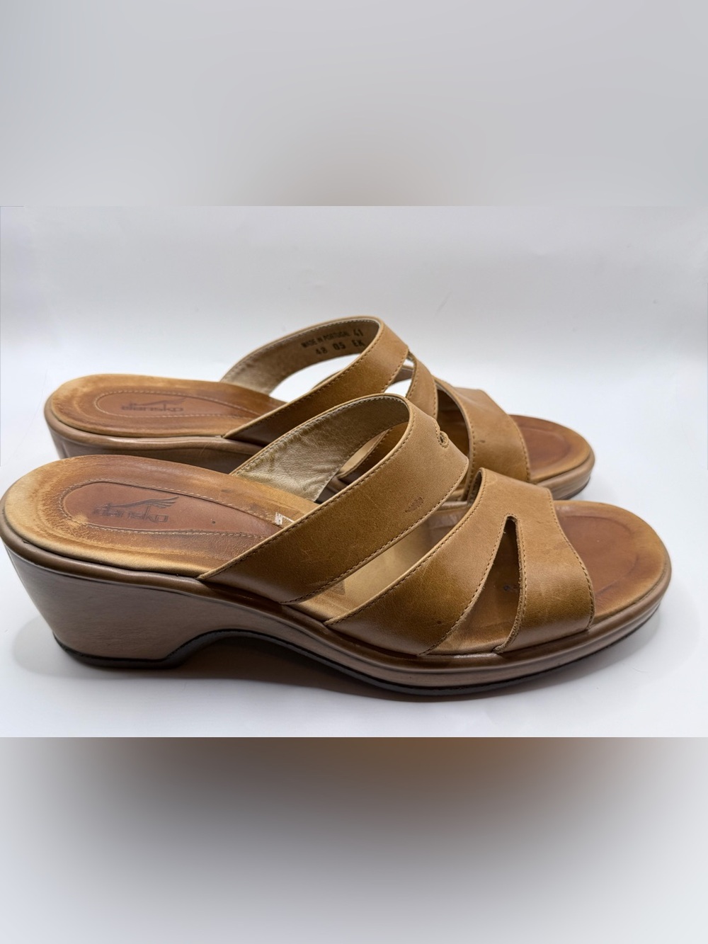 Dansko Leather Slide Sandals Tan Camel Size 41 Comfort Wedge Clog Preloved